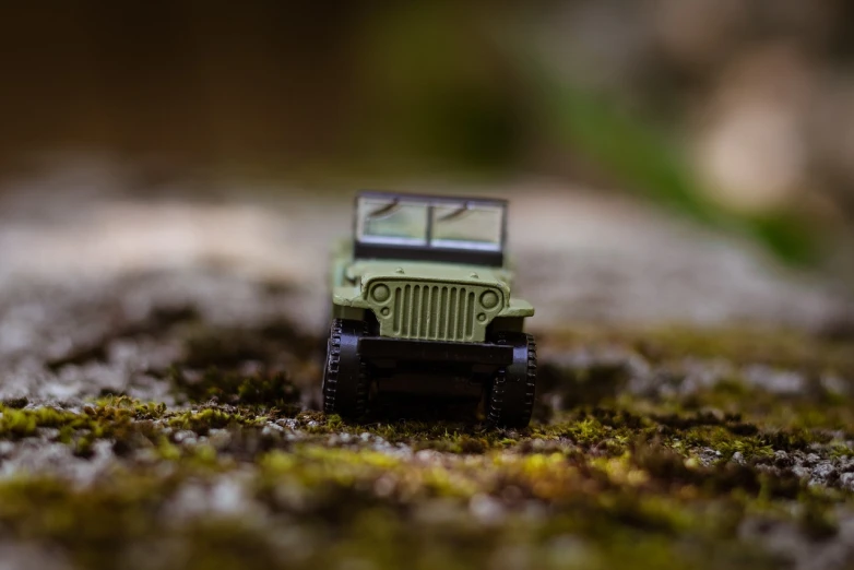 a toy truck sitting on top of a moss covered ground, a macro photograph, unsplash, jeep, miltary, portrait mode photo