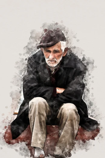 a painting of a man sitting on a bench, a digital painting, trending on pixabay, digital art, portrait of hide the pain harold, grungy, with a sad expression, watercolor effect