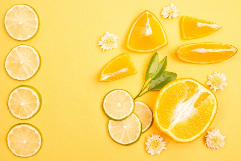 sliced oranges, limes, and flowers on a yellow background, profile picture 1024px, background image, smooth in _ the background, banner