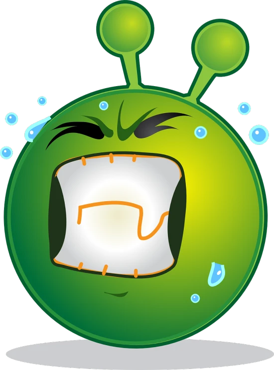 a green monster with a tooth sticking out of it's mouth, a digital rendering, inspired by Kagaku Murakami, deviantart, mingei, water bubble, frustrated expression, martian, atom