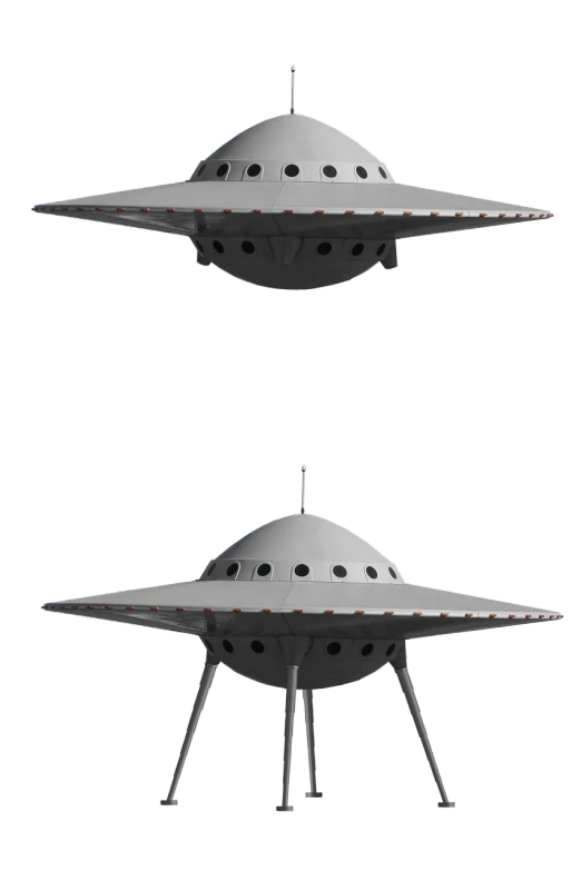 a pair of alien spaceships sitting on top of each other, top and side view, alien antenna, modeled in 3 d, the inside of a ufo