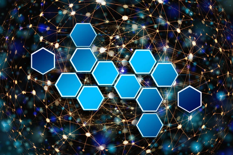 a group of hexagons that are connected to each other, digital art, in a shapes background, blue and gold color scheme, with sparking circuits, internet