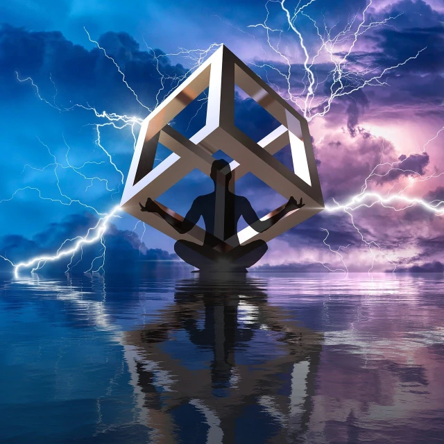 a man sitting in the middle of a body of water, digital art, inspired by Storm Thorgerson, shutterstock, cubo-futurism, statue of a cubes and rings, magic storm and thunder clouds, stock photo, electric brainstorm