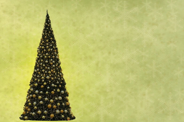 a black and gold christmas tree against a green background, a digital rendering, yellowing wallpaper, snow landscape background, detailed wide shot, cone shaped