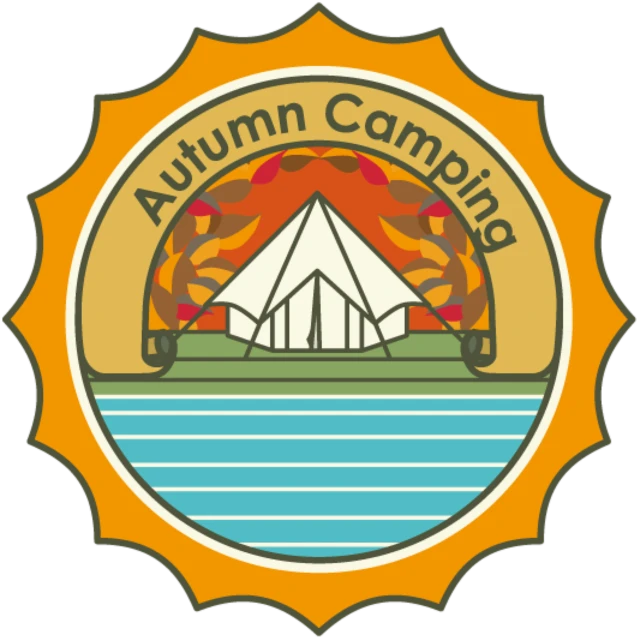 the autumn camping logo, by Gusukuma Seihō, shutterstock, art deco, painting on a badge!!!!, scanned 2400 dpi, addams, 8l