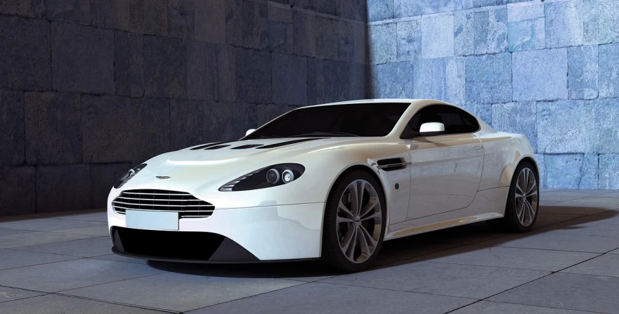a white sports car parked in front of a wall, an ambient occlusion render, inspired by Bernardo Cavallino, shutterstock, aston martin, aristocratic appearance, front of car angle, edited