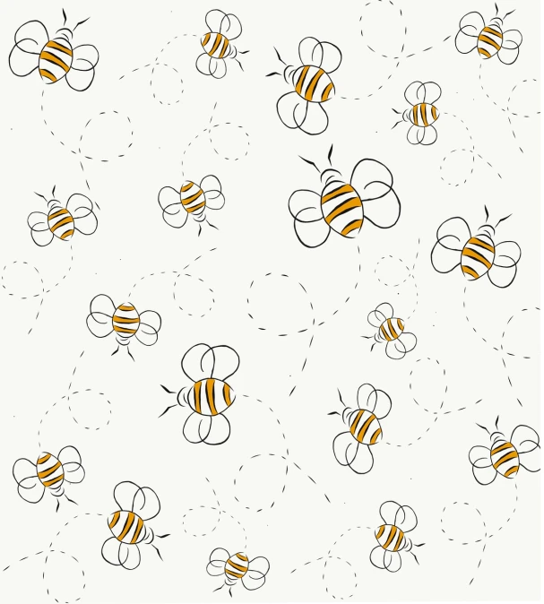 a bunch of yellow and black bees on a white background, an illustration of, fine line work, smooth in _ the background, wallpaper pattern, on simple background