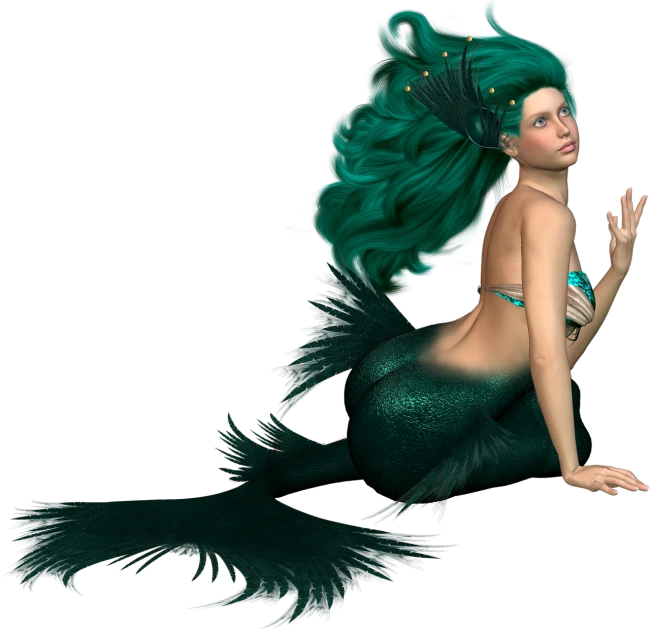 a 3d illustration of a mermaid with green hair, a 3D render, kneeling!!, glamor profile pose, seraphine, dark fae