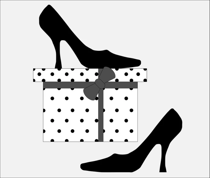 a pair of high heeled shoes sitting on top of a gift box, trending on pixabay, figuration libre, black dots, unique silhouettes, sticker illustration