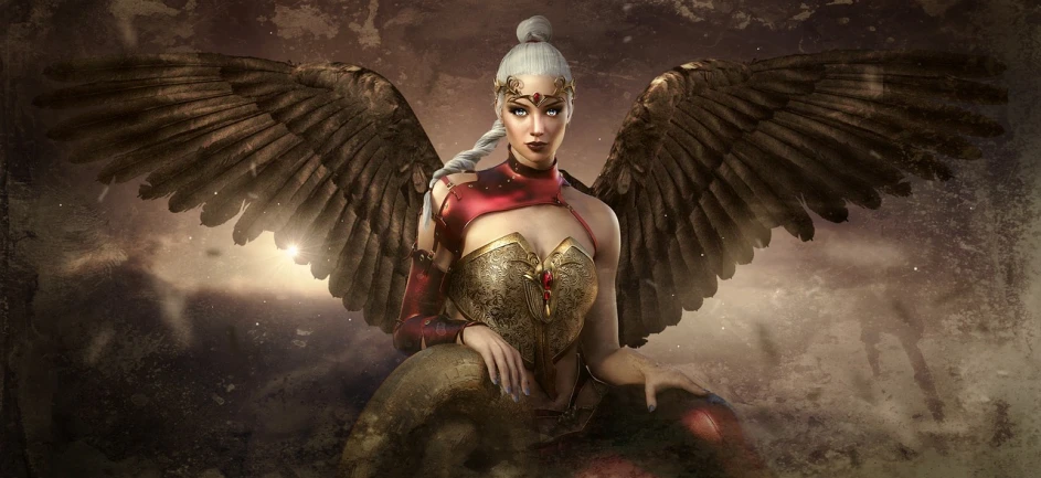 a woman with wings sitting on a rock, a character portrait, cgsociety contest winner, portrait of modern darna, video game avatar, karol bak uhd, the goddess artemis smirking