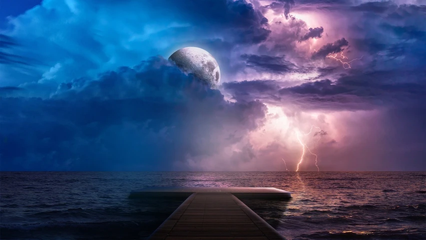 a dock in the middle of a body of water under a cloudy sky, digital art, by Alexander Kucharsky, trending on pexels, digital art, the moon crashes into the earth, beautiful lightning, amazing color photograph, stormy sky with thunders