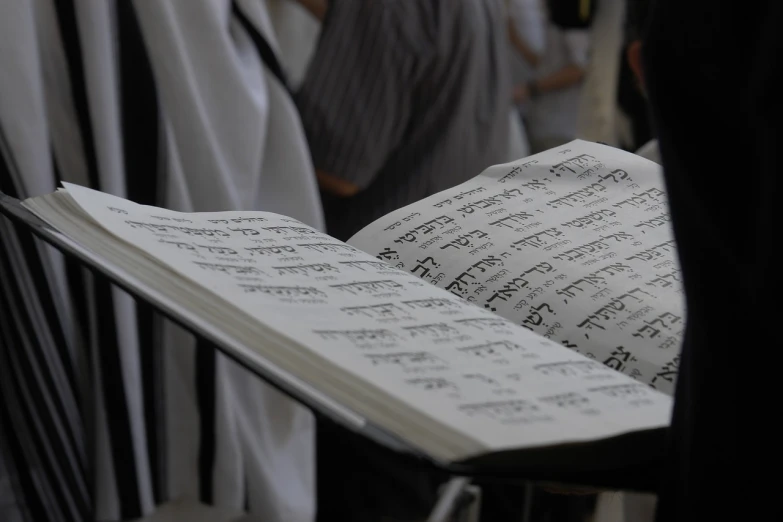 a person holding a sheet of music in their hand, a picture, by Elias Goldberg, hurufiyya, holy ceremony, read a directory book, sukkot, wearing white cloths