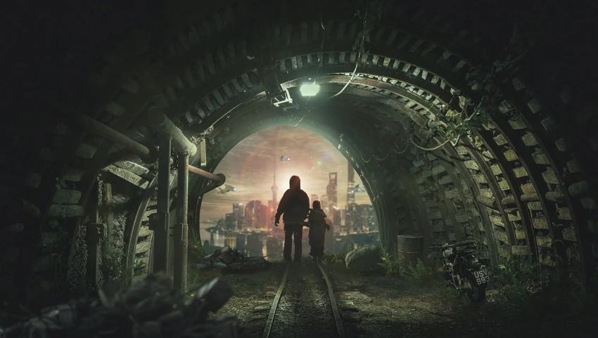 a man and a child walking through a tunnel, cyberpunk art, cg society contest winner, luscious ) in the last of us, sci-fi movie still, cityscape ruins in the distance, train in a tunnel