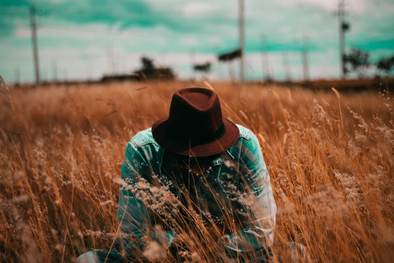 a person sitting in a field of tall grass, by Cyril Rolando, unsplash, faded fedora, ocher and turquoise colors, empty background, back - shot
