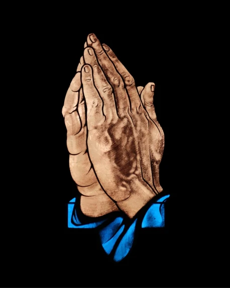 a close up of a person holding their hands together, a digital rendering, by Allen Jones, renaissance, blue-black, praying with tobacco, pope, on black background