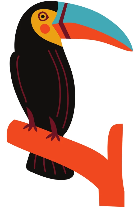 a black and orange bird sitting on a branch, an illustration of, by Paul Bird, figuration libre, toucan, high res, totem pole, standing sideways