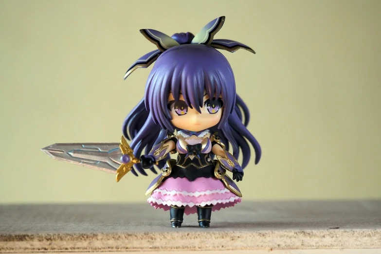 a figurine of a girl holding a sword, a picture, by Jin Homura, purple armor, action figurine toy, moe, noire photo