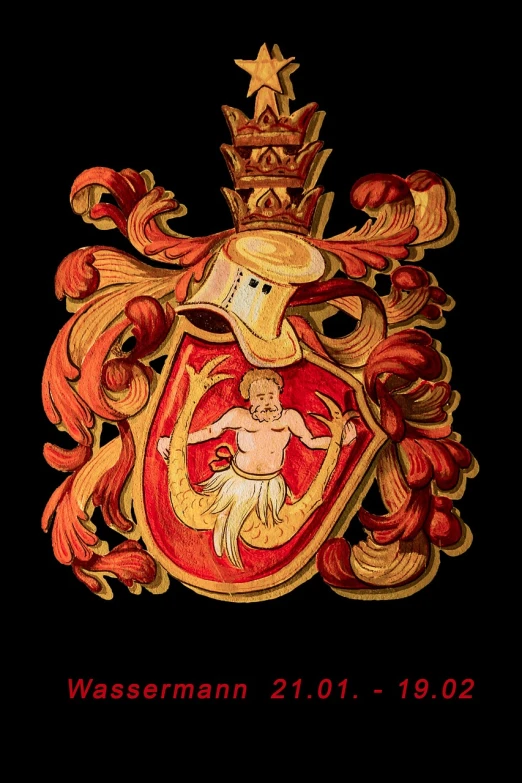 a red and gold coat of arms on a black background, a gouache, inspired by Matthias Stom, pexels, an anthropomorphic stomach, album photo, highly detailed painting of old, high detail illustration