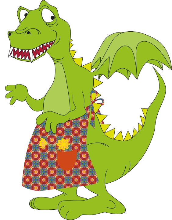 a cartoon dinosaur wearing a colorful skirt, an illustration of, inspired by Abidin Dino, large green dragon, wearing an apron, persian folkore illustration, clipart