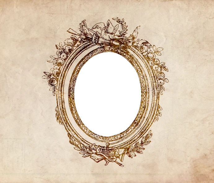 a picture frame sitting on top of a piece of paper, baroque, magnificent oval face, grungy, drawn with photoshop, high - res