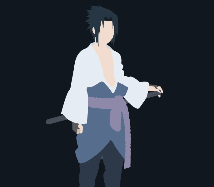 a man with a sword standing in front of a black background, vector art, inspired by Shingei, sasuke uchiha, elegant minimalism, on a gray background, pc wallpaper