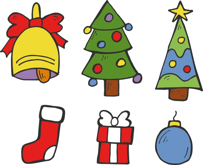 a collection of christmas icons on a black background, a cartoon, by David Garner, pexels, naive art, illustration black outlining, full colored, left, cartoon style illustration