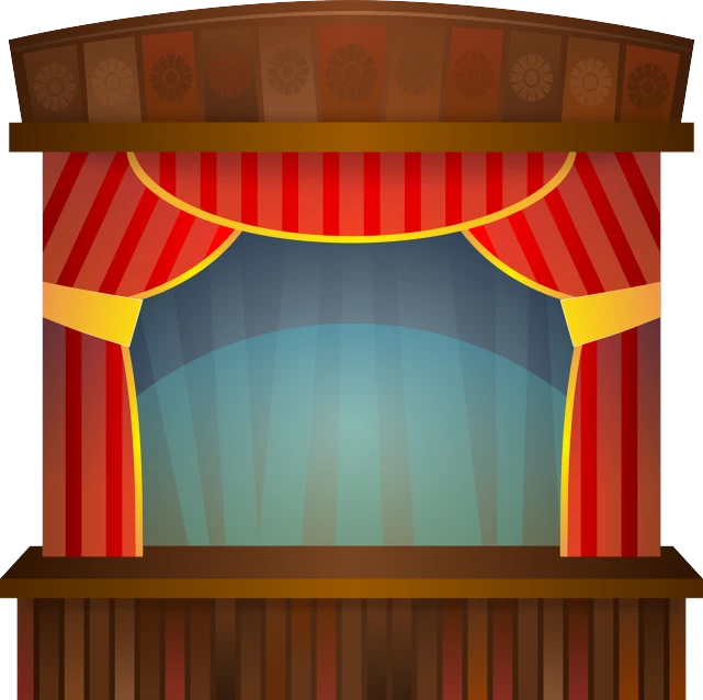 a stage with a red and yellow curtain, an illustration of, naive art, exciting illustration, illustration, tabernacle deep focus, wooden