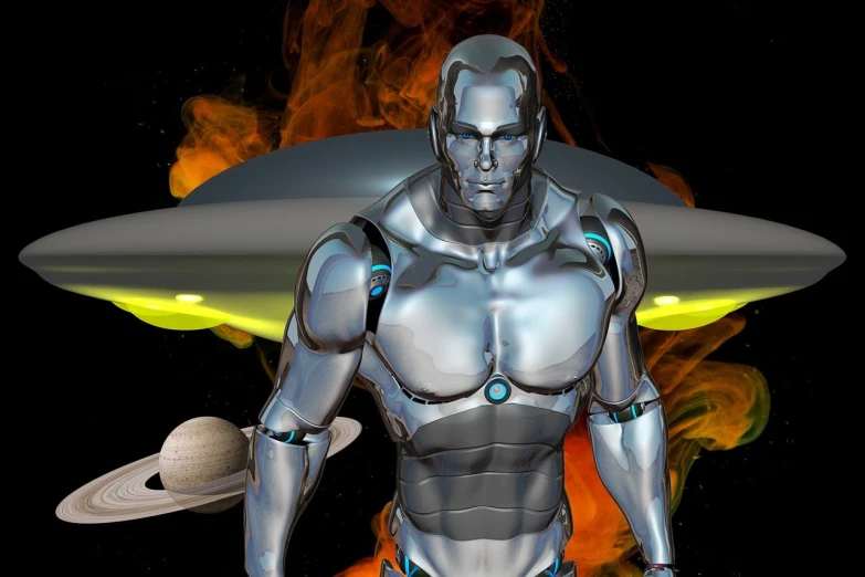 a man that is standing in front of a spaceship, by Julian Allen, shutterstock, digital art, enormous chrome man, muscular male hero, the spaceship is on fire, humanoid robot close up