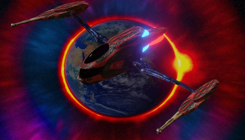 a group of star trek ships flying in front of the sun, cg society contest winner, space art, mobile wallpaper, crimson halo, 8k octae render photo