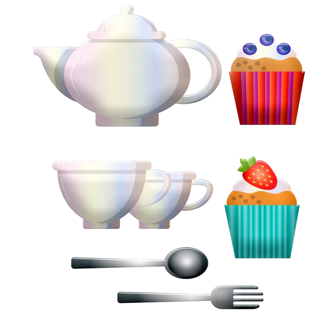 a teapot, cupcake, fork and spoon on a black background, a digital rendering, spritesheet, cups and balls, set against a white background, clipart