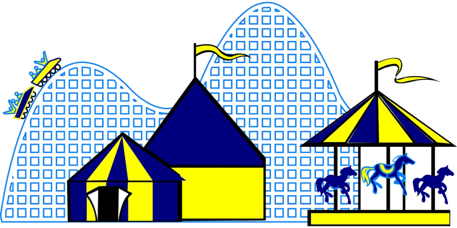 a blue and yellow building with a horse in front of it, a digital rendering, inspired by Howard Arkley, pixabay contest winner, naive art, rollercoaster, tent architecture, blue and black color scheme, elevation view