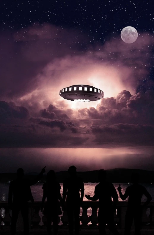 a group of people standing next to a body of water, a hologram, by Jesper Knudsen, shutterstock, surrealism, flying saucer in the sky, unsettling found footage, spaceship in the sky, the photo was taken from a boat