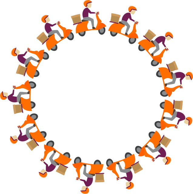 a group of people riding scooters around a circle, by Paul Bird, trending on pixabay, conceptual art, movie clockwerk orange, delivering packages for amazon, on black background, in a circle