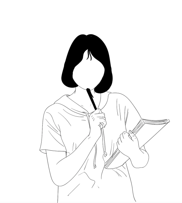 a black and white drawing of a woman holding a pen, a drawing, by Naka Bokunen, pixabay, academic art, shaded flat illustration, college students, vector line - art style, do you want to know