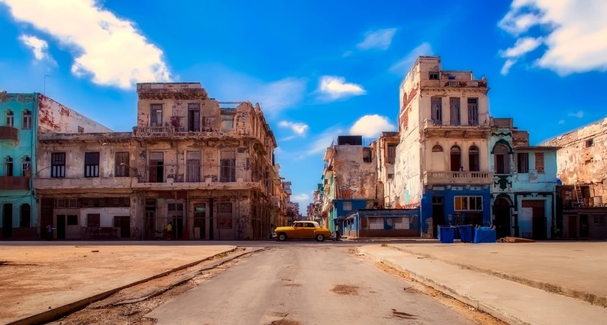 a yellow car driving down a street next to tall buildings, a matte painting, pexels contest winner, baroque, cuba, “derelict architecture buildings, high detail photo of a deserted, an ancient