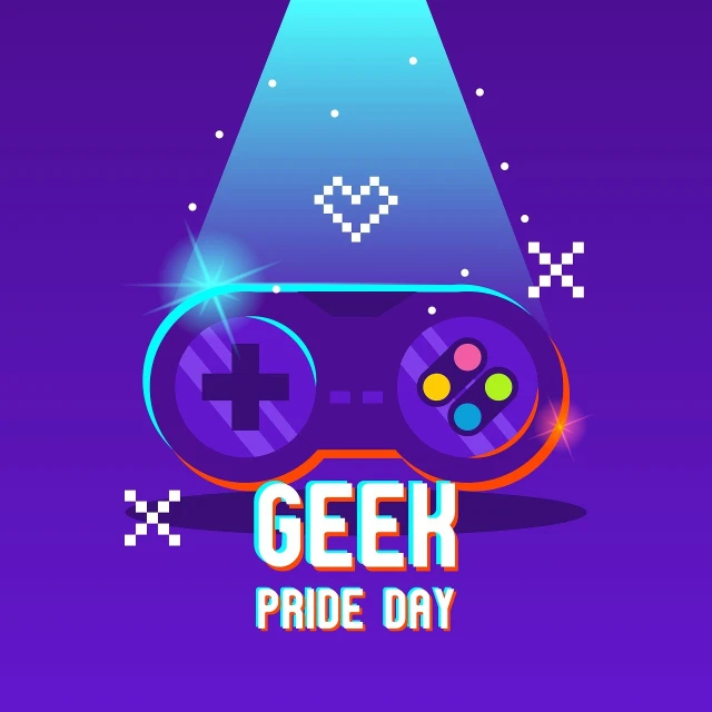 a video game controller with the words geek pride day, concept art, rave poster, 4 k hd wallpaper illustration