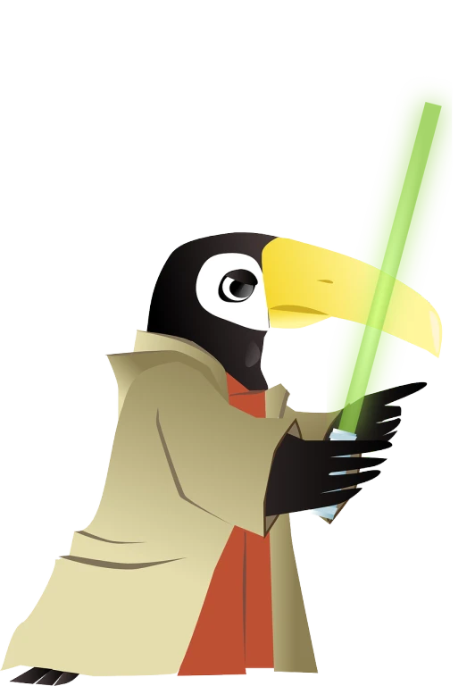 a bird with a sword in its hand, vector art, inspired by Pedro Álvarez Castelló, pixabay contest winner, neo-dada, mage robe based on a toucan, green lightsaber, datanft as a data avatar, 6 toucan beaks