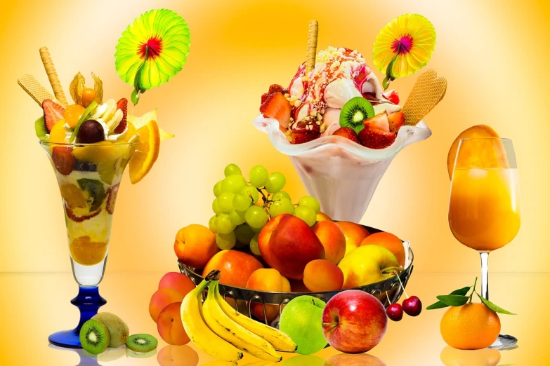 a table topped with fruit and ice cream, trending on pixabay, process art, website banner, 3 d cg, yellow theme, slush))