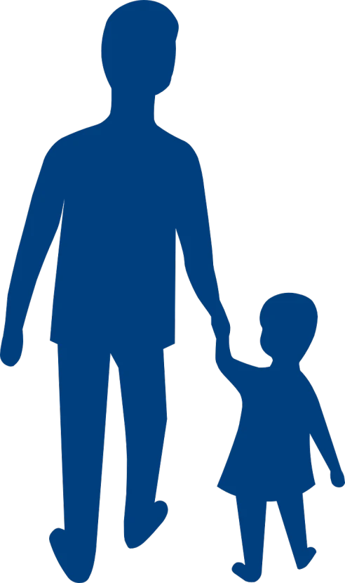 a silhouette of a man holding a child's hand, a cartoon, royal-blue, entire person visible, full image, zoomed out