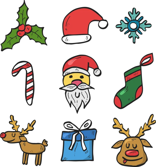 a collection of christmas icons on a black background, process art, coloured lineart, unknown artist, desenho, cartoon image