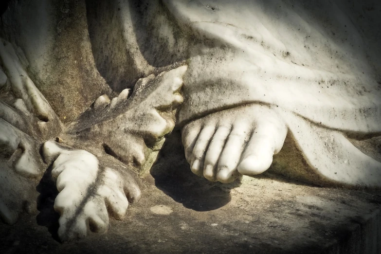 a close up of a statue with hands on it, inspired by Victorine Foot, romanticism, focus on his foot, hdr detail, london cemetery, discovered photo