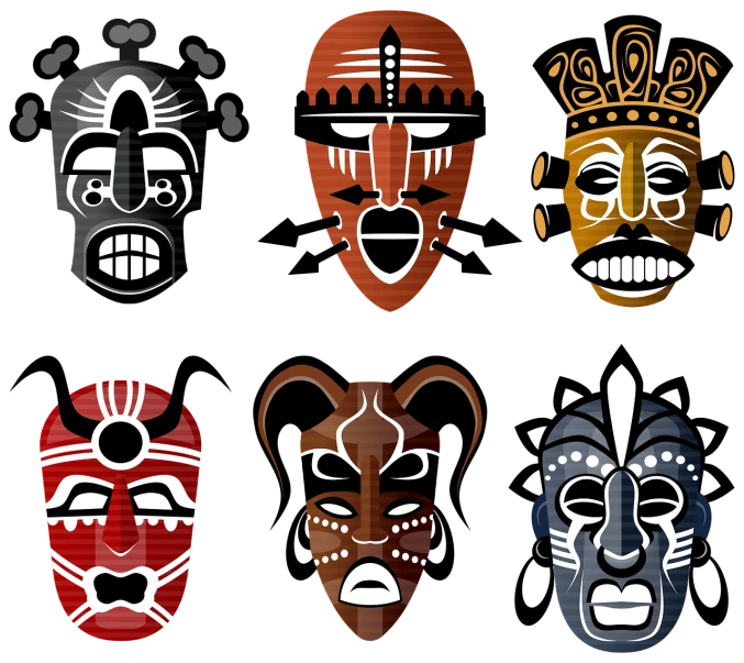 a collection of african masks on a black background, vector art, by Scott Samuel Summers, shutterstock, art deco, nepal, 6 6 6, group of seven, with fully detailed faces