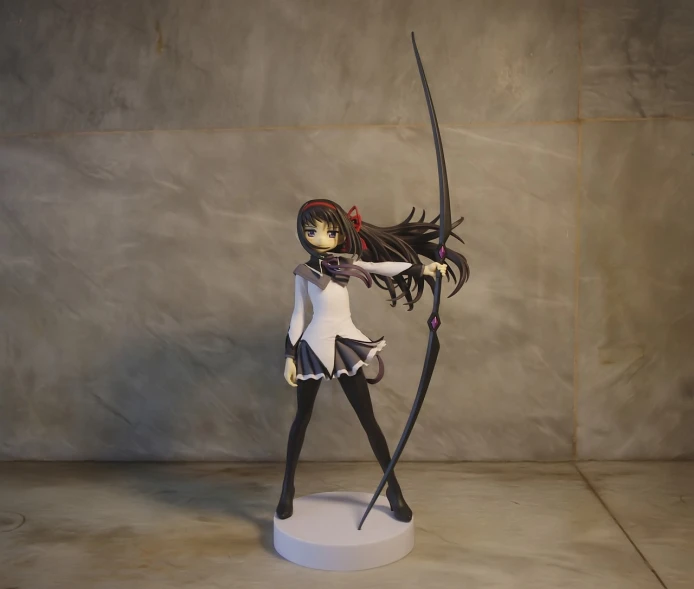 a statue of a woman holding a sword, a statue, by Jin Homura, polycount contest winner, new sculpture, chiaki nanami from danganronpa, with bow and arrow, ilya kuvshinov with long hair, toy photo