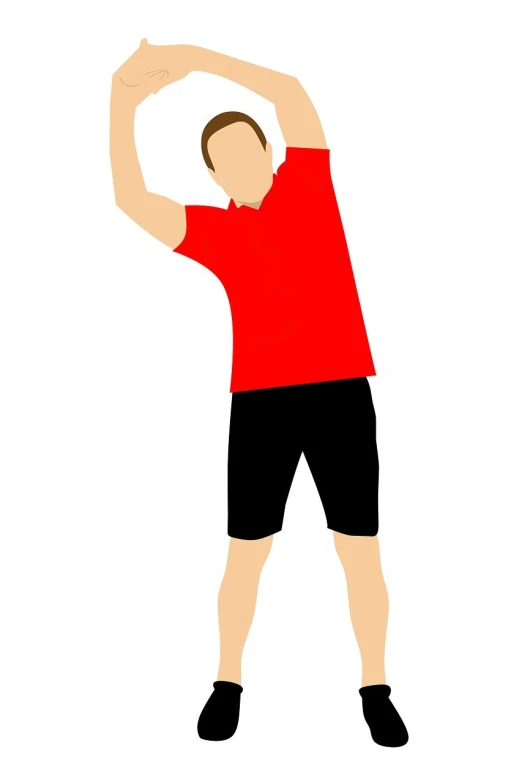 a man in a red shirt and black shorts, an illustration of, pixabay, stretch, raising an arm, simple and clean illustration, sporty
