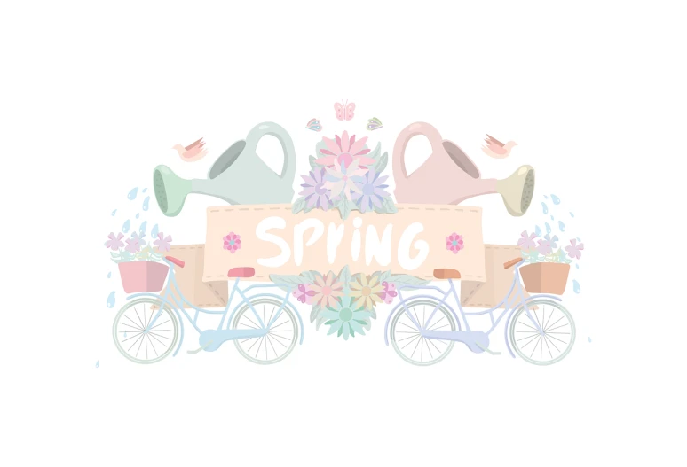 a bicycle with a sign that says spring, a picture, pastel color, cover illustration, watering can, smooth illustration