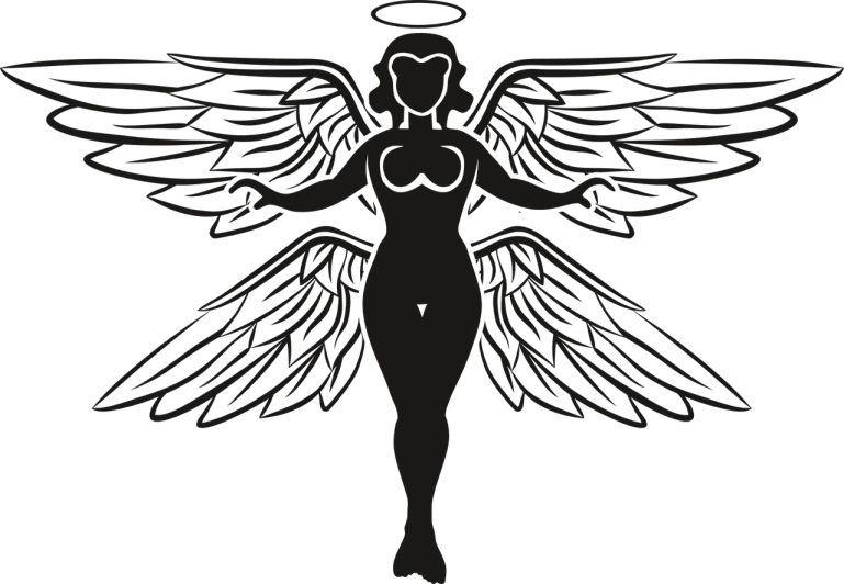 a woman with wings and a halo on her head, inspired by Ángel Botello, symbolism, black backround. inkscape, standing with a black background, vector art for cnc plasma, she is arriving heaven