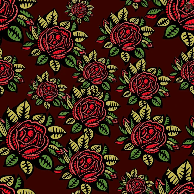 a pattern of red and green roses on a brown background, inspired by Rose Henriques, tumblr, charles burns, !!! very coherent!!! vector art, digital screenshot, in the evening