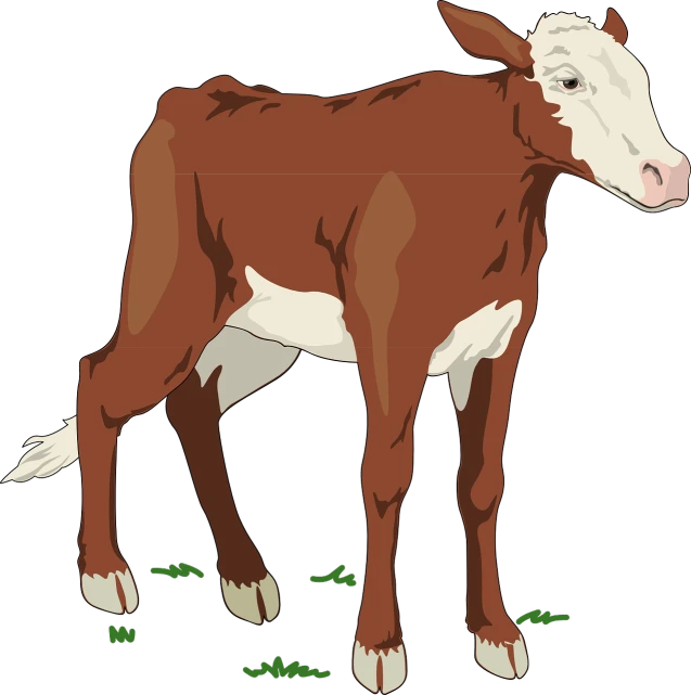 a brown and white cow standing in the grass, a digital rendering, naive art, vectorized, on black background, two legged with clawed feet, looking left
