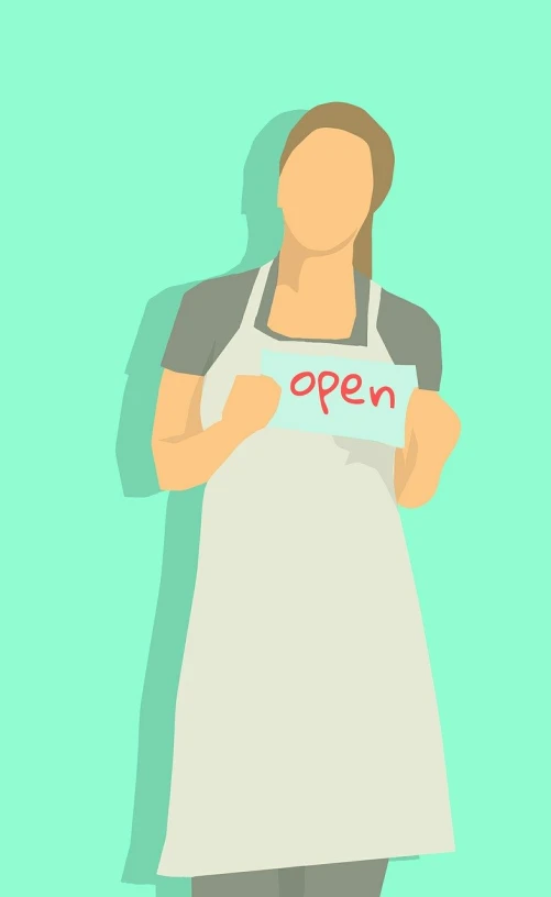 a woman holding a sign that says open, an illustration of, by Gina Pellón, pixabay, happening, white apron, convenience store, minimalist logo without text, paper cut out
