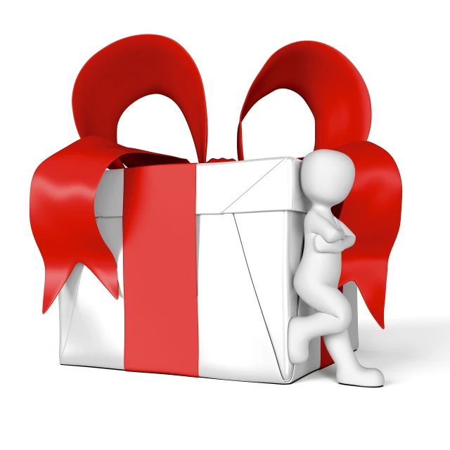 a person sitting in front of a large gift box, by Aleksander Gierymski, pixabay contest winner, figuration libre, white background”, red ribbon, hug, _3d-terms_